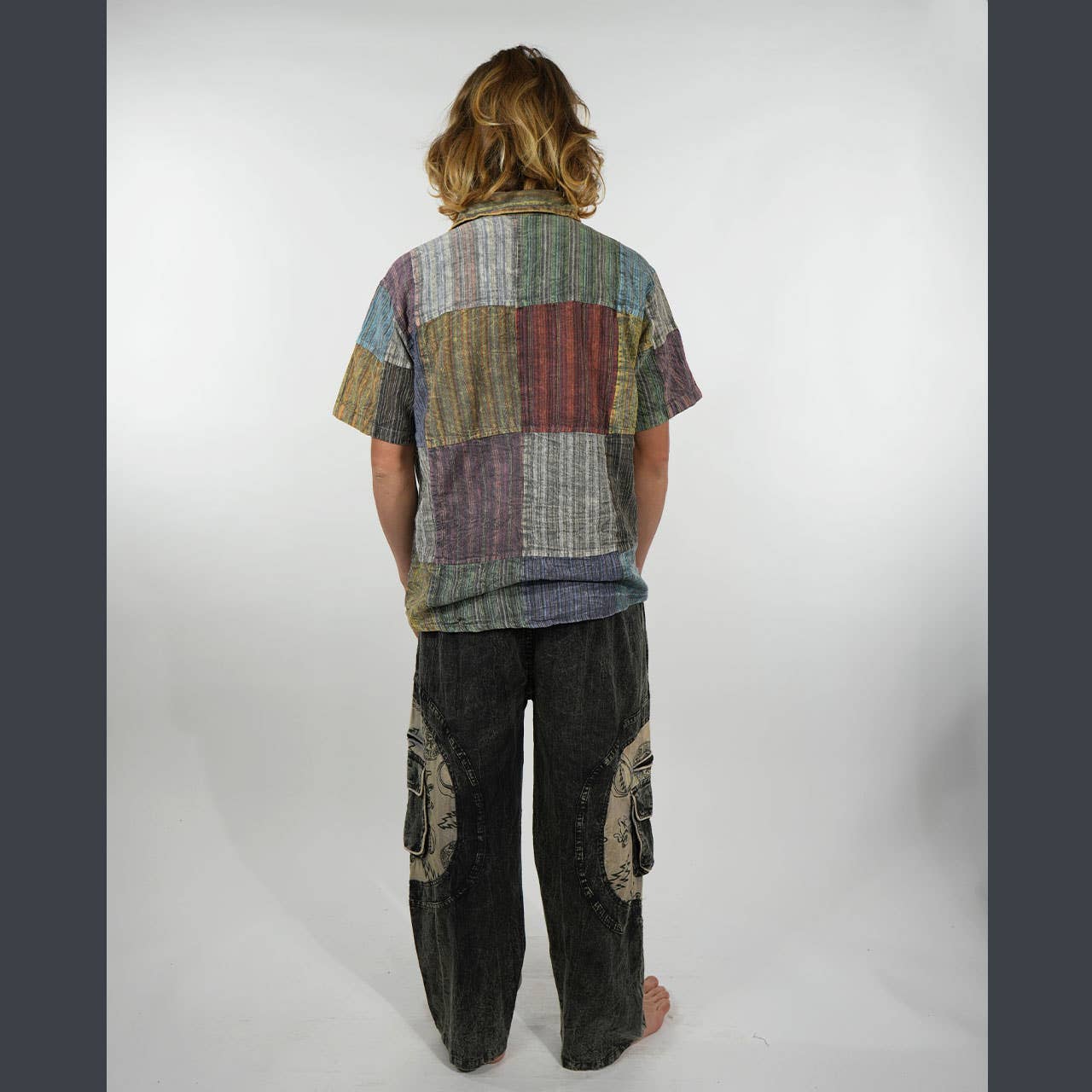 Nepali Striped Patchwork Over Dyed Cotton Button-Up Shirt