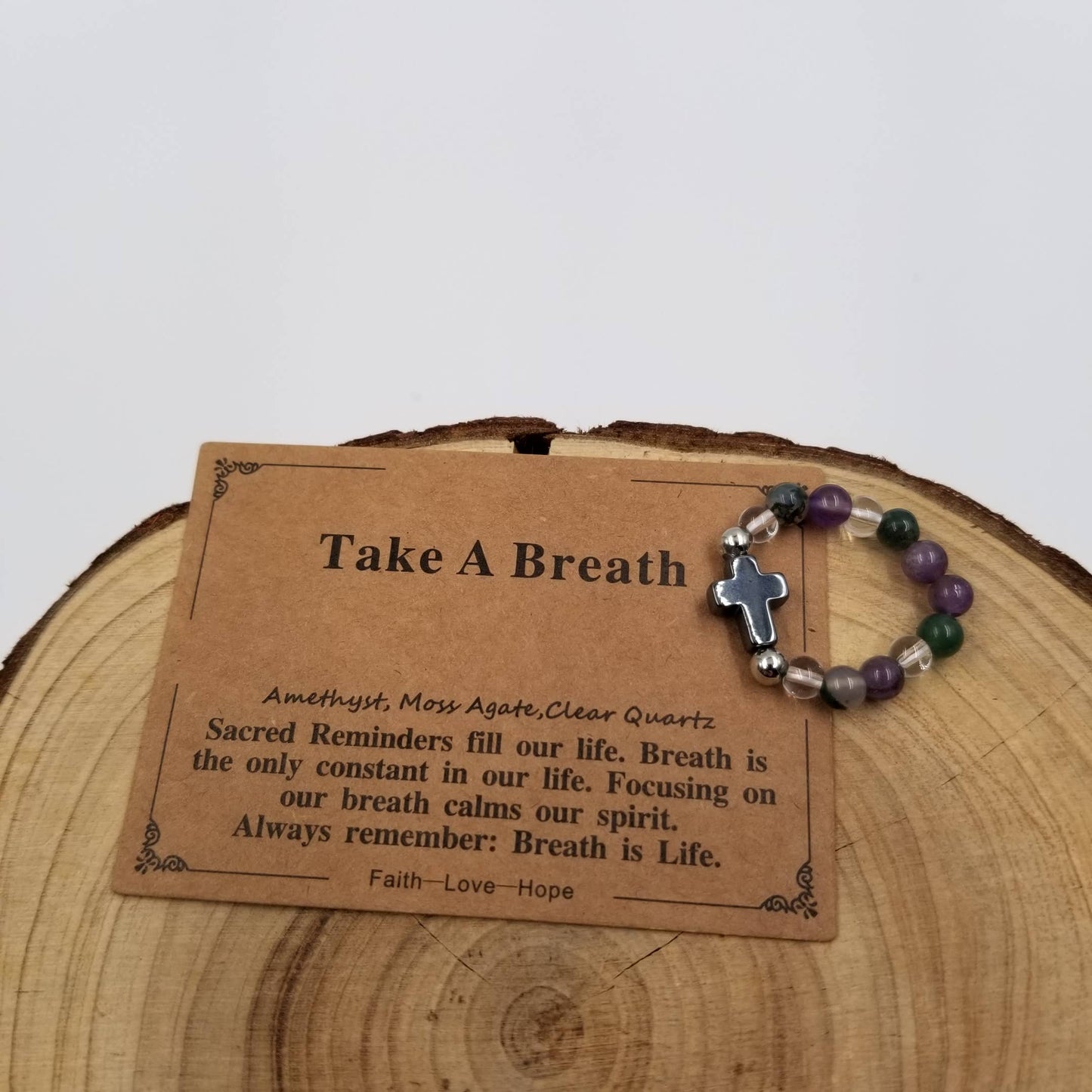 Cross Natural Stone Copper Bead Ring With Card