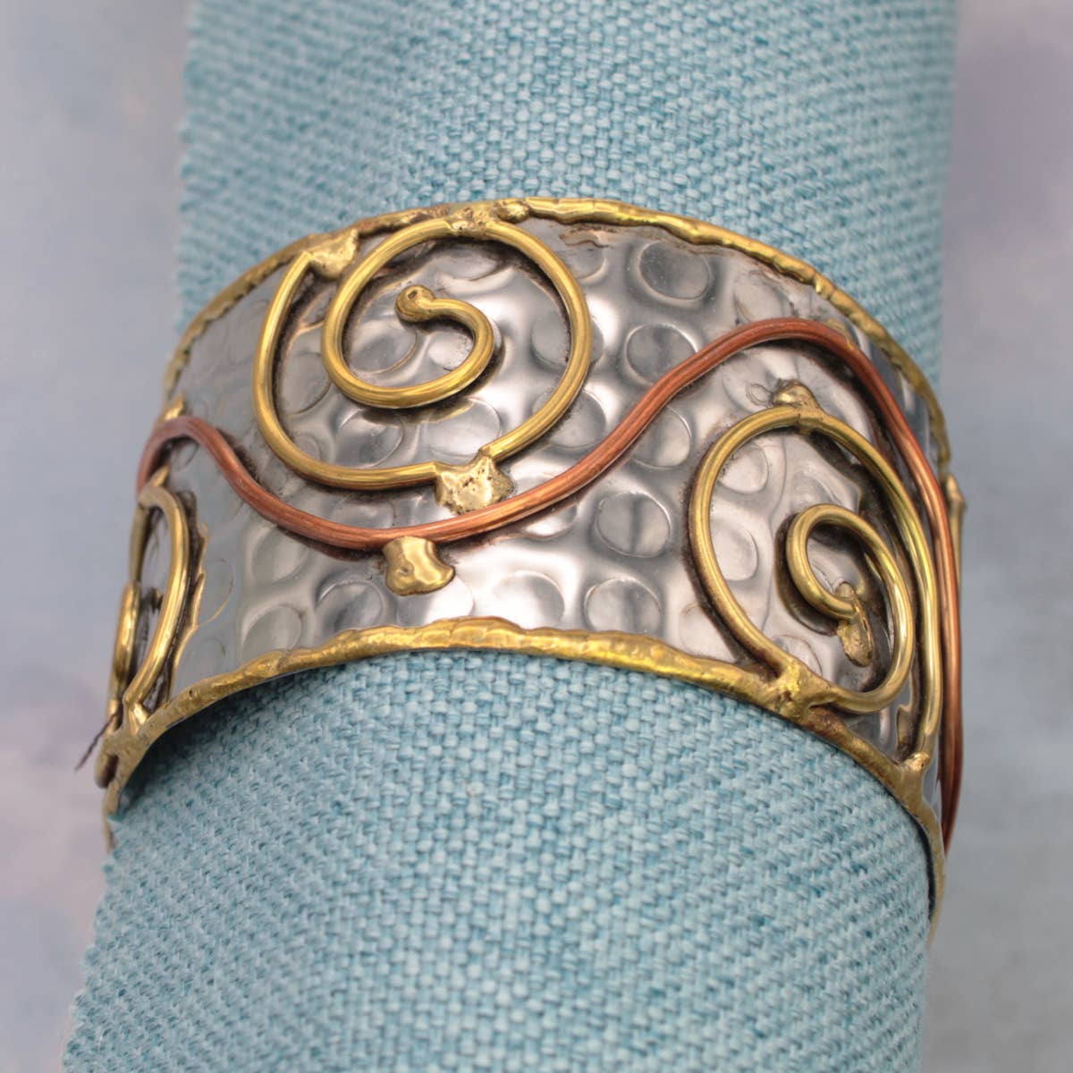 Wire Spirals Silver Hammered Cuff Bracelet