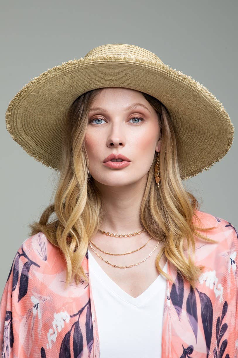 Wide Brim Frayed Straw Sun Hat