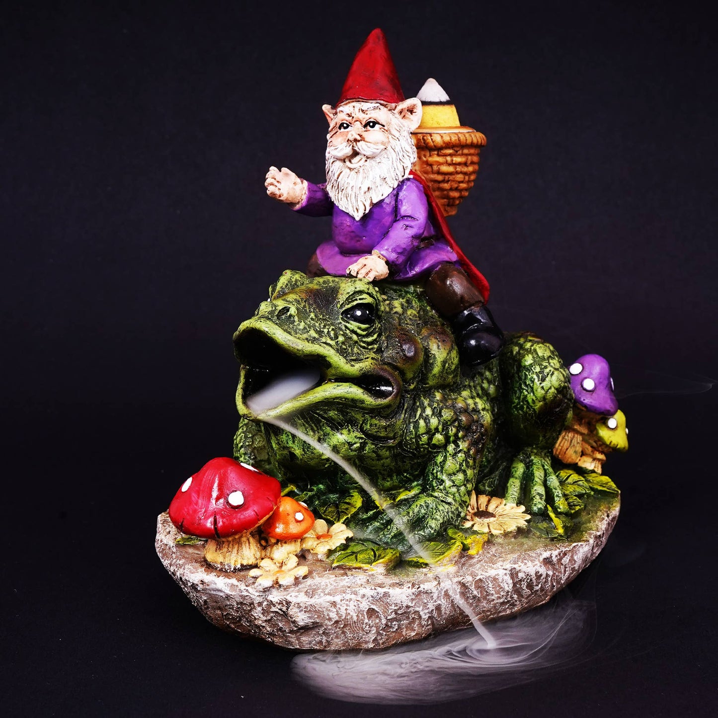 Gnome Riding Frog Back Flow incense Burner