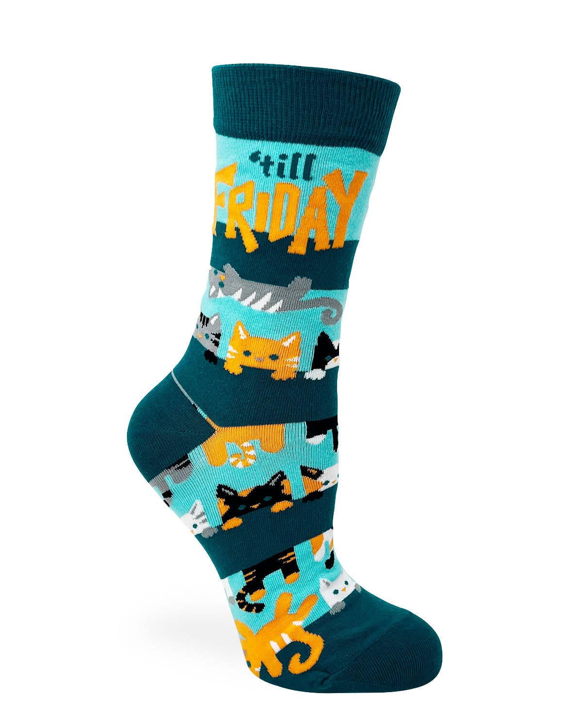 Sock with cat pattern and 'Till Friday' text on a white background