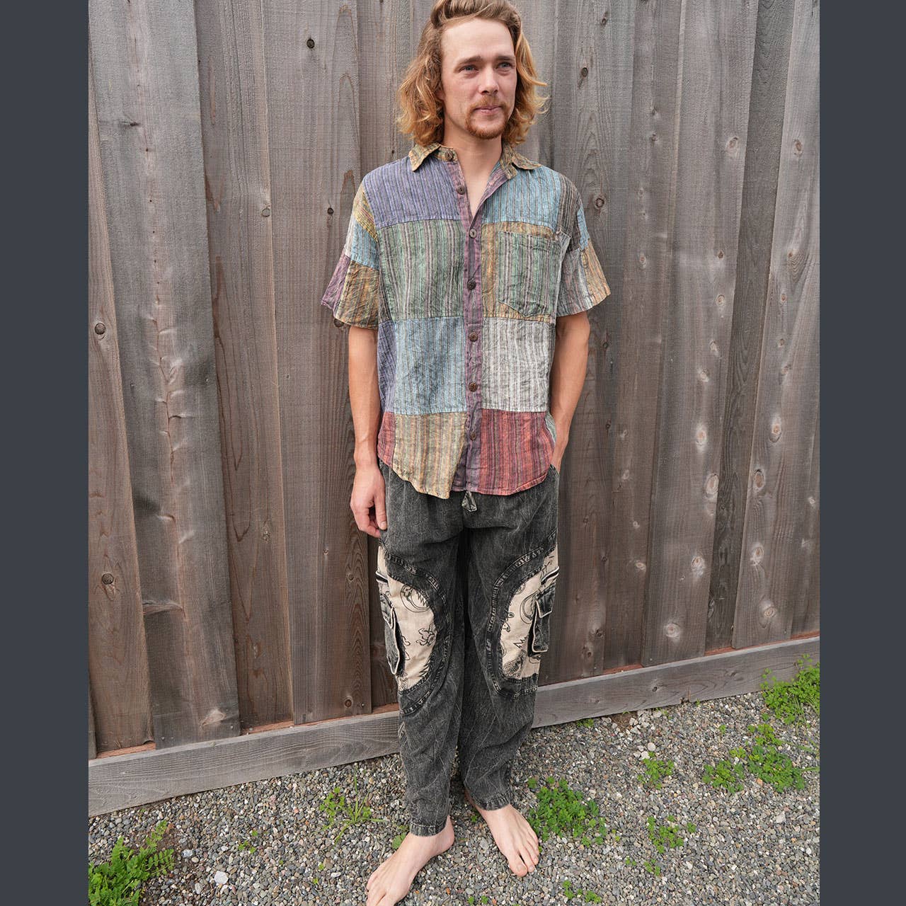 Nepali Striped Patchwork Over Dyed Cotton Button-Up Shirt