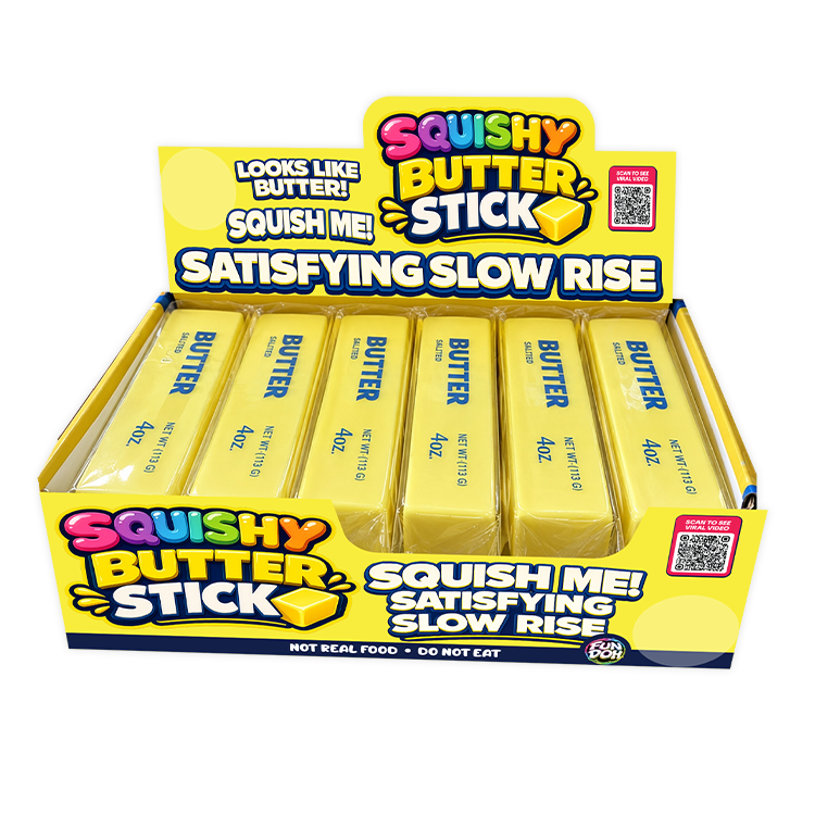 Box of Squishy Butter Sticks with yellow packaging and text on a white background