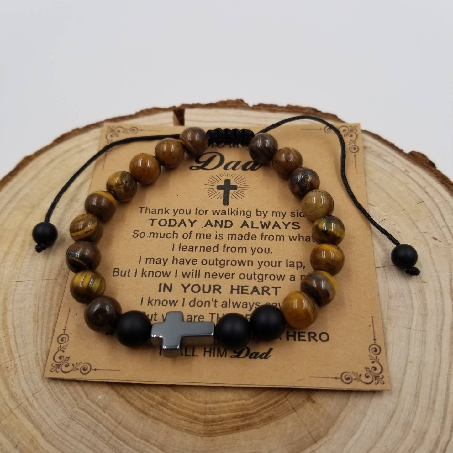 Natural Tiger Eye Stone Bead Cross Bracelet Father's Day