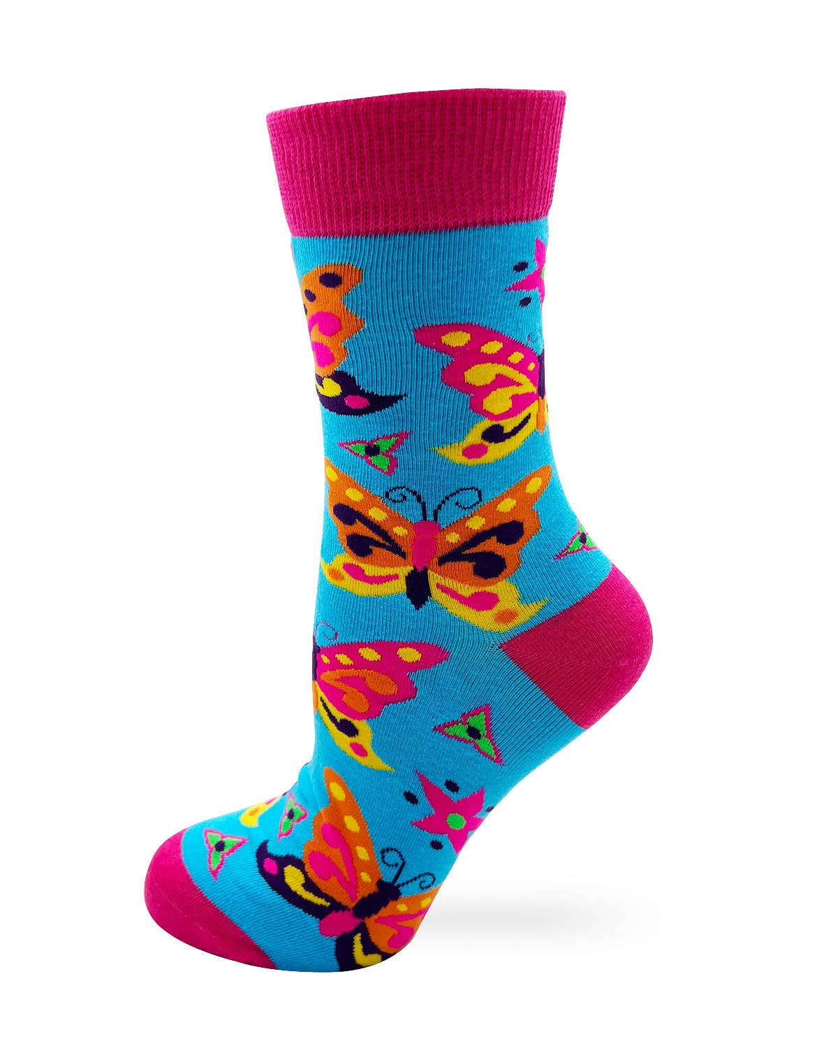 Colorful butterfly-patterned sock with pink top and sole on a white background