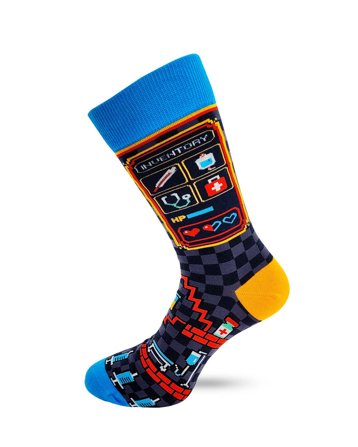Colorful sock with a retro video game console design on a white background