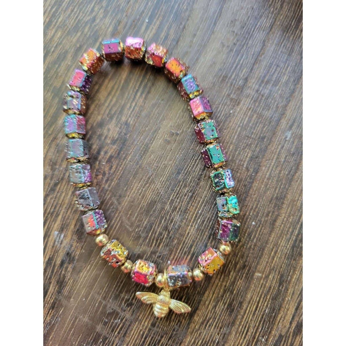 Natural Lava Rock Hexagon Beads Stretch Bracelets, Bee Shape