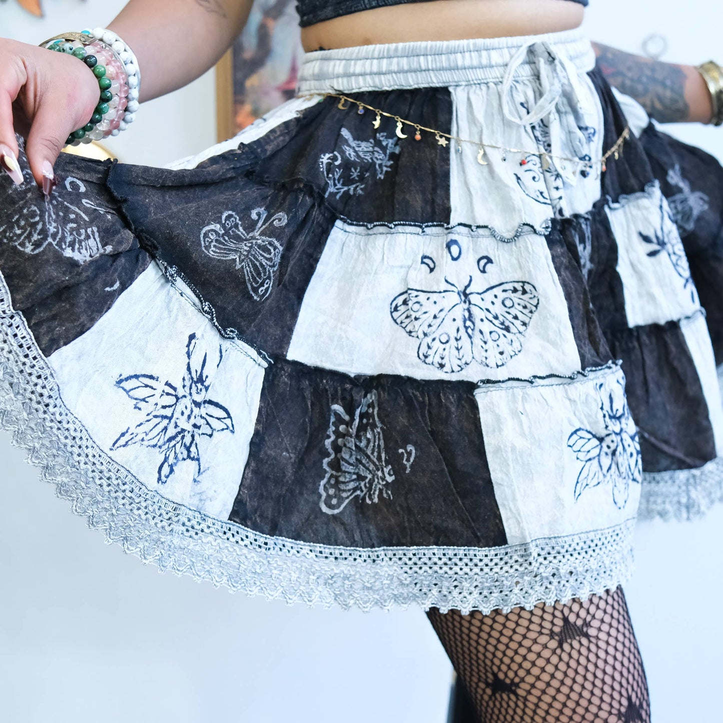 Patchwork Flowy Mini Skirt with Pockets (P198-U53M)