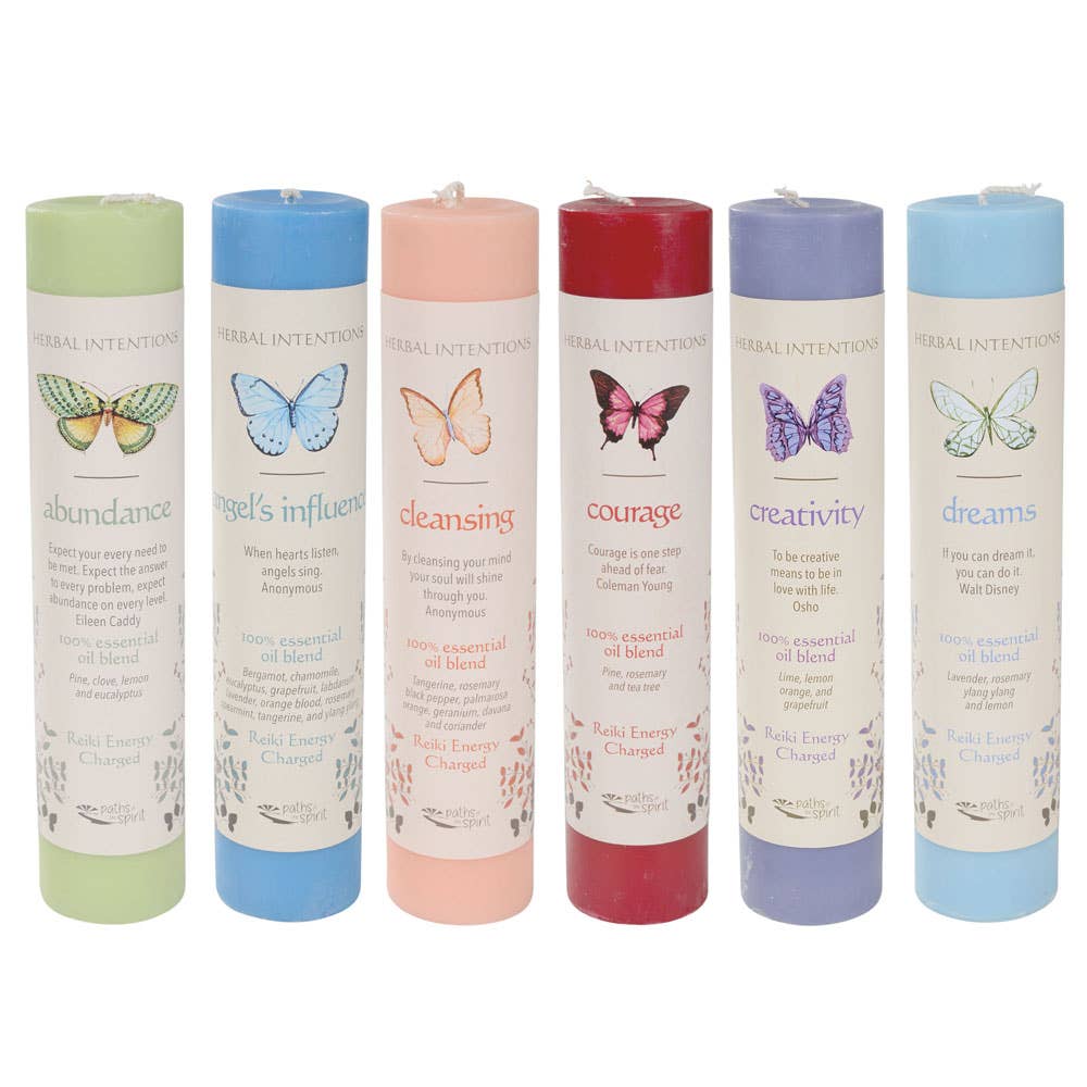 Set of six candles with butterfly illustrations and corresponding words on a white background