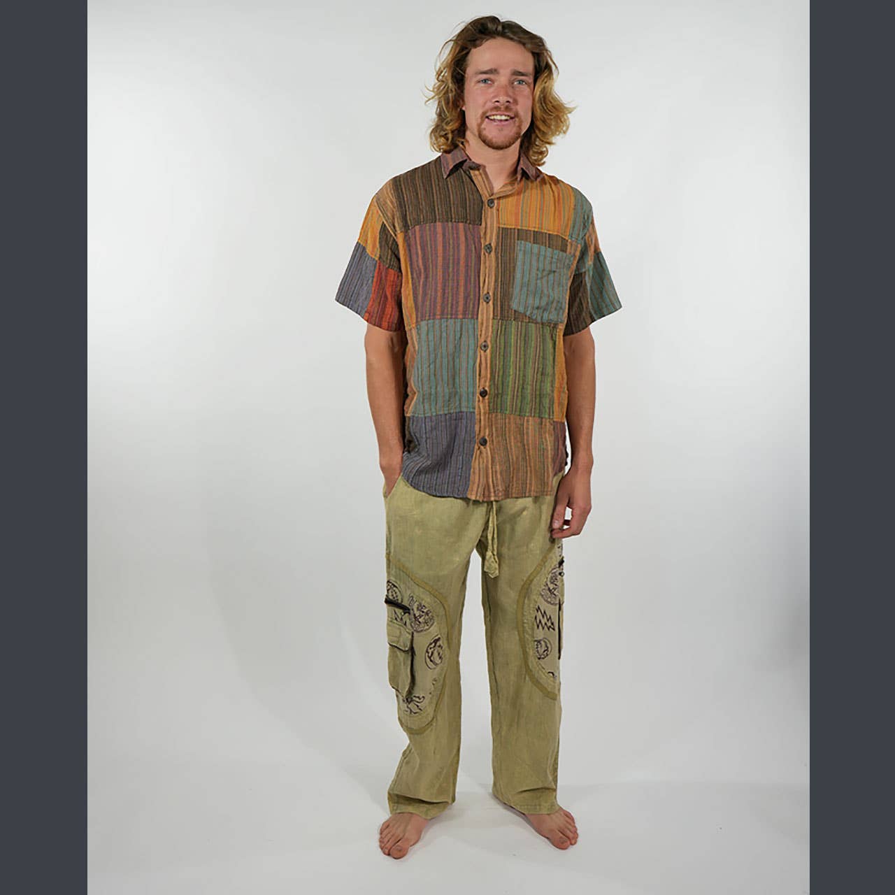 Nepali Striped Patchwork Over Dyed Cotton Button-Up Shirt