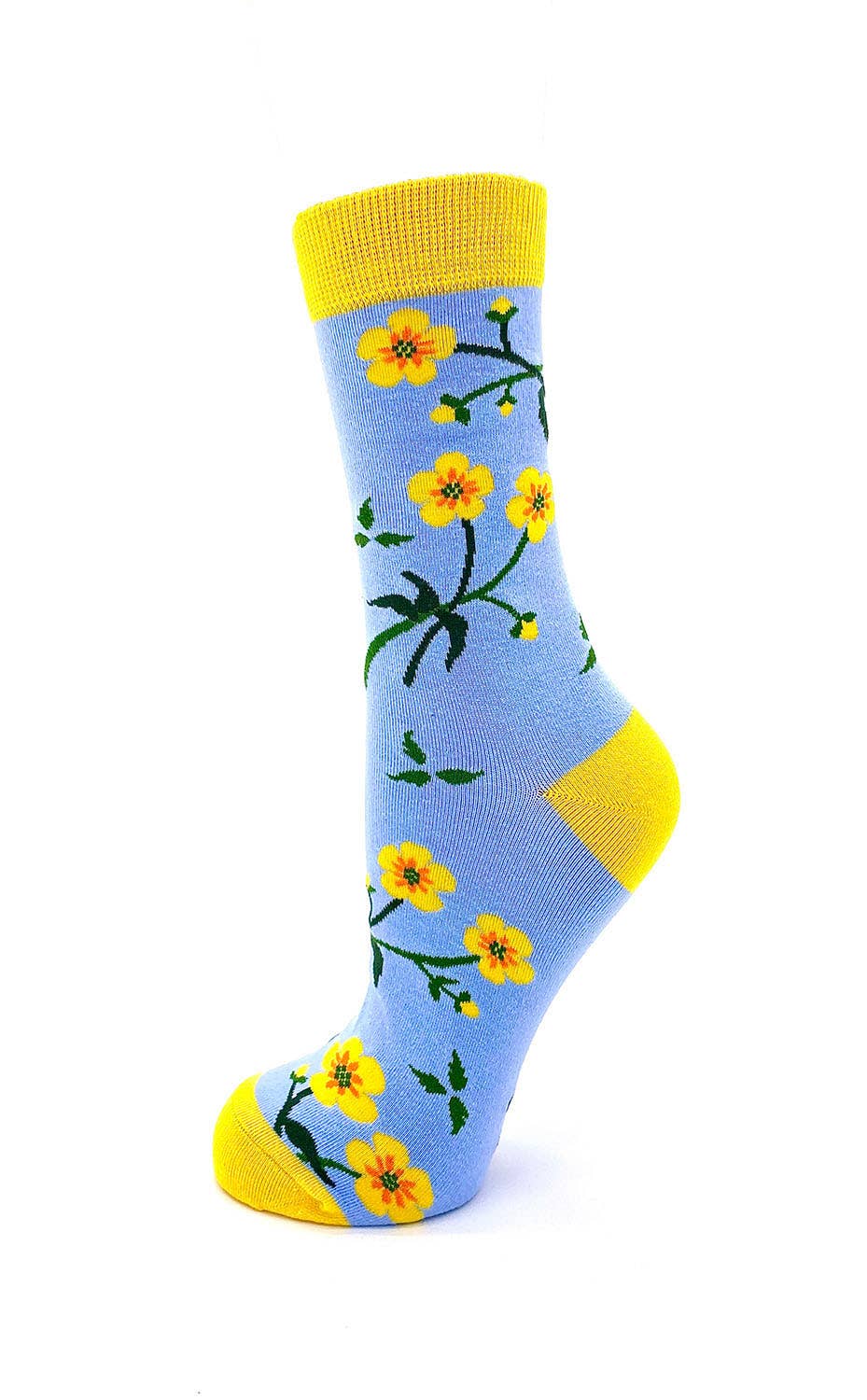 Floral-patterned sock with yellow flowers on a light blue background