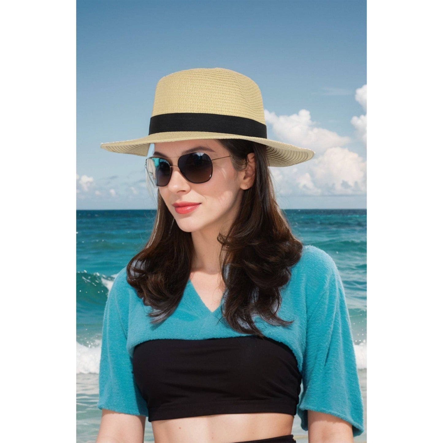 Wide Brim Straw Fedora Sun Hat Black Band Panama UV Hat