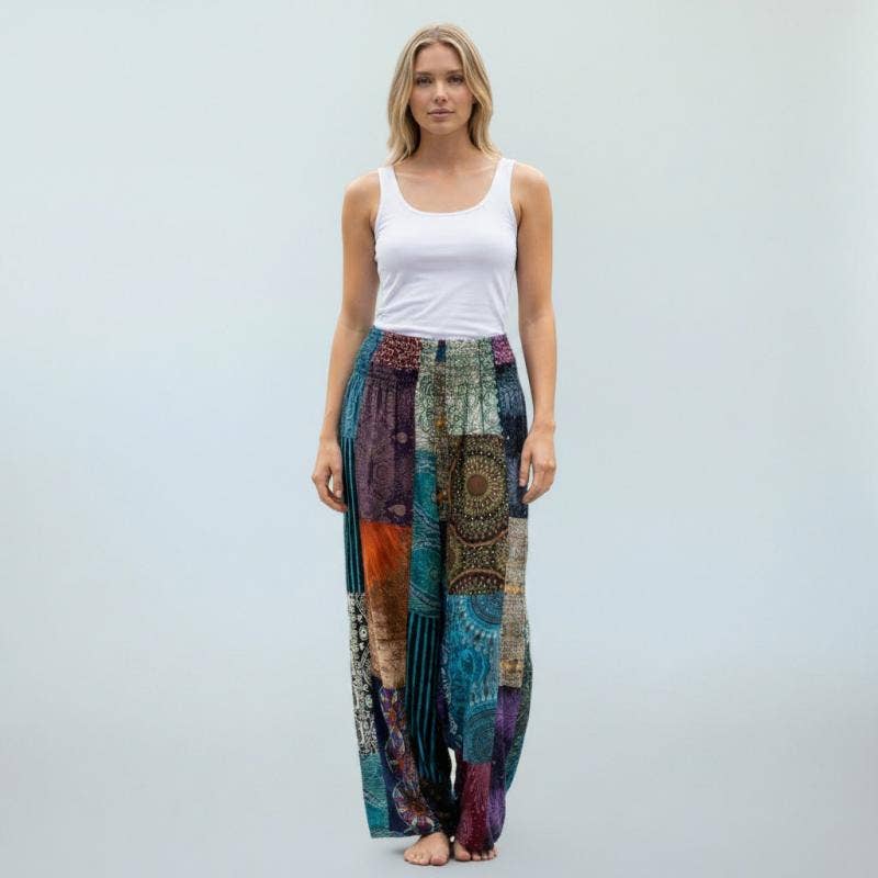 ASSORTED WIDE LEG COTTON PATCHWORK PANTS FREE SIZE