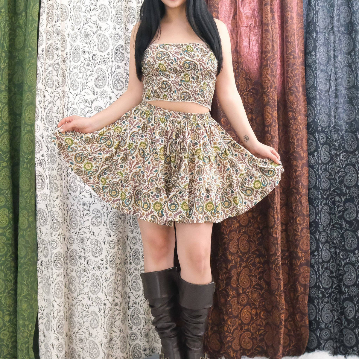Boho Paisley Smocked Tube Top Paisley Skirt Set