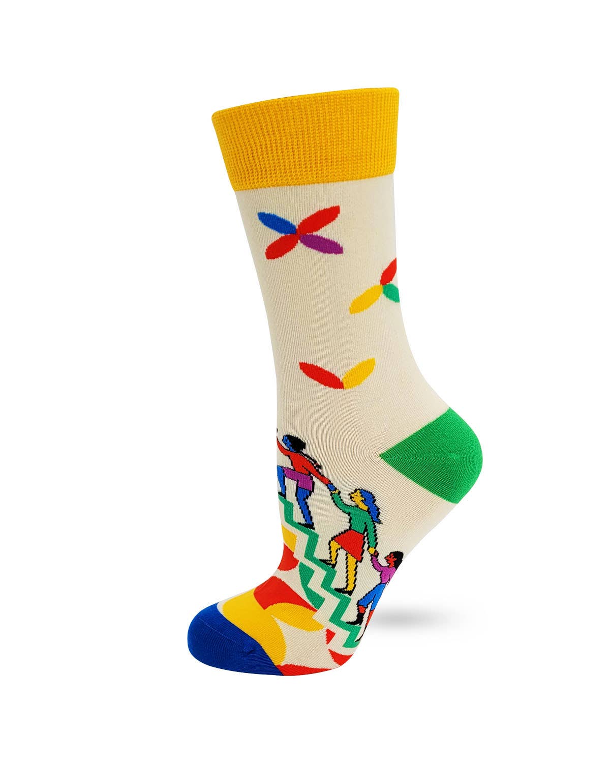 Colorful sock with abstract designs on a white background