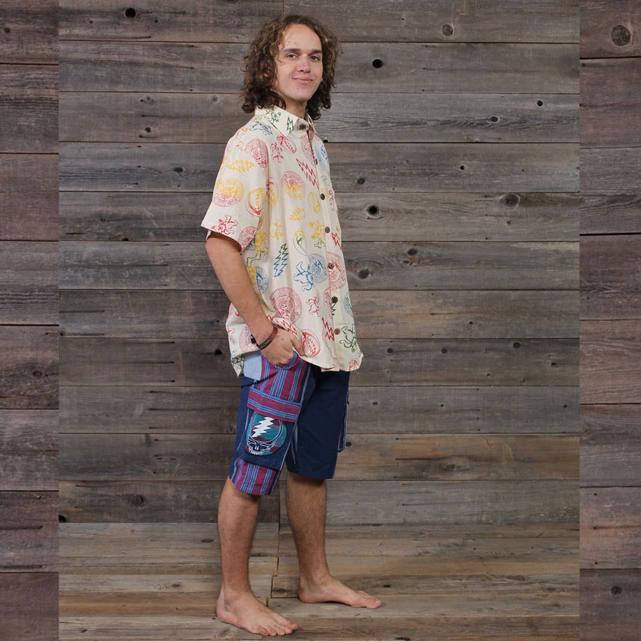 Grateful Dead Short Sleeve Button Up Shirt Multi GD Print