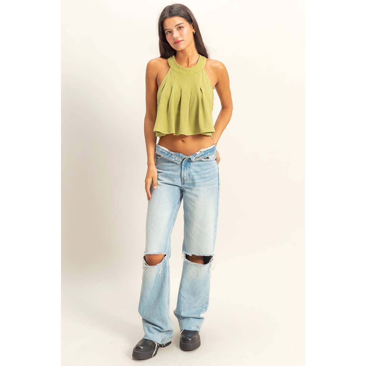 Halter Pleated Ruffle Crop Top