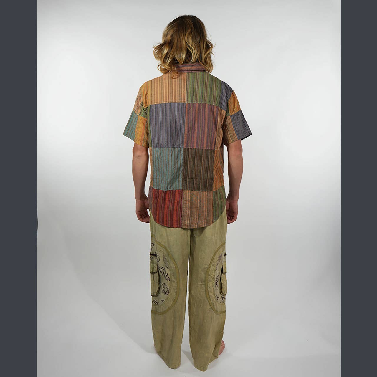 Nepali Striped Patchwork Over Dyed Cotton Button-Up Shirt