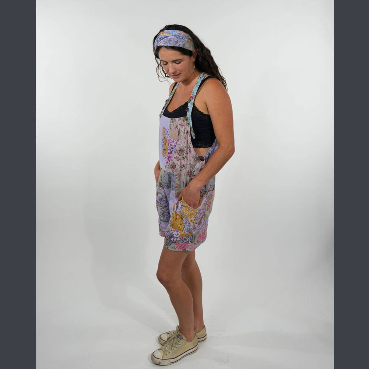 Hippie Boho Cotton Floral Patchwork 5-Pocket Shorts Overalls
