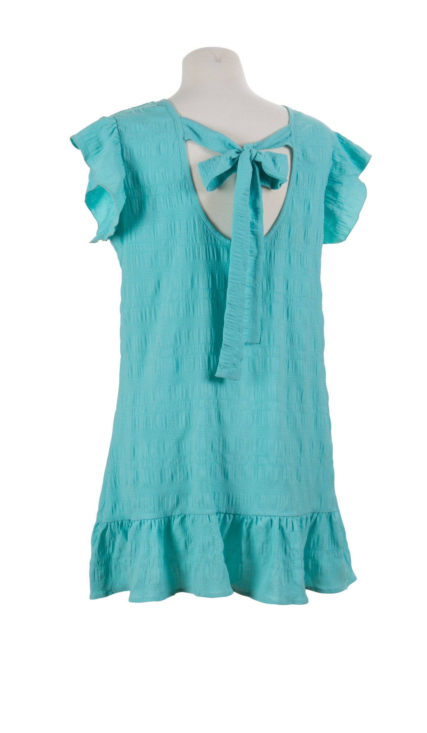 Ruffle peekaboo bow tie back dress, 3 assorted