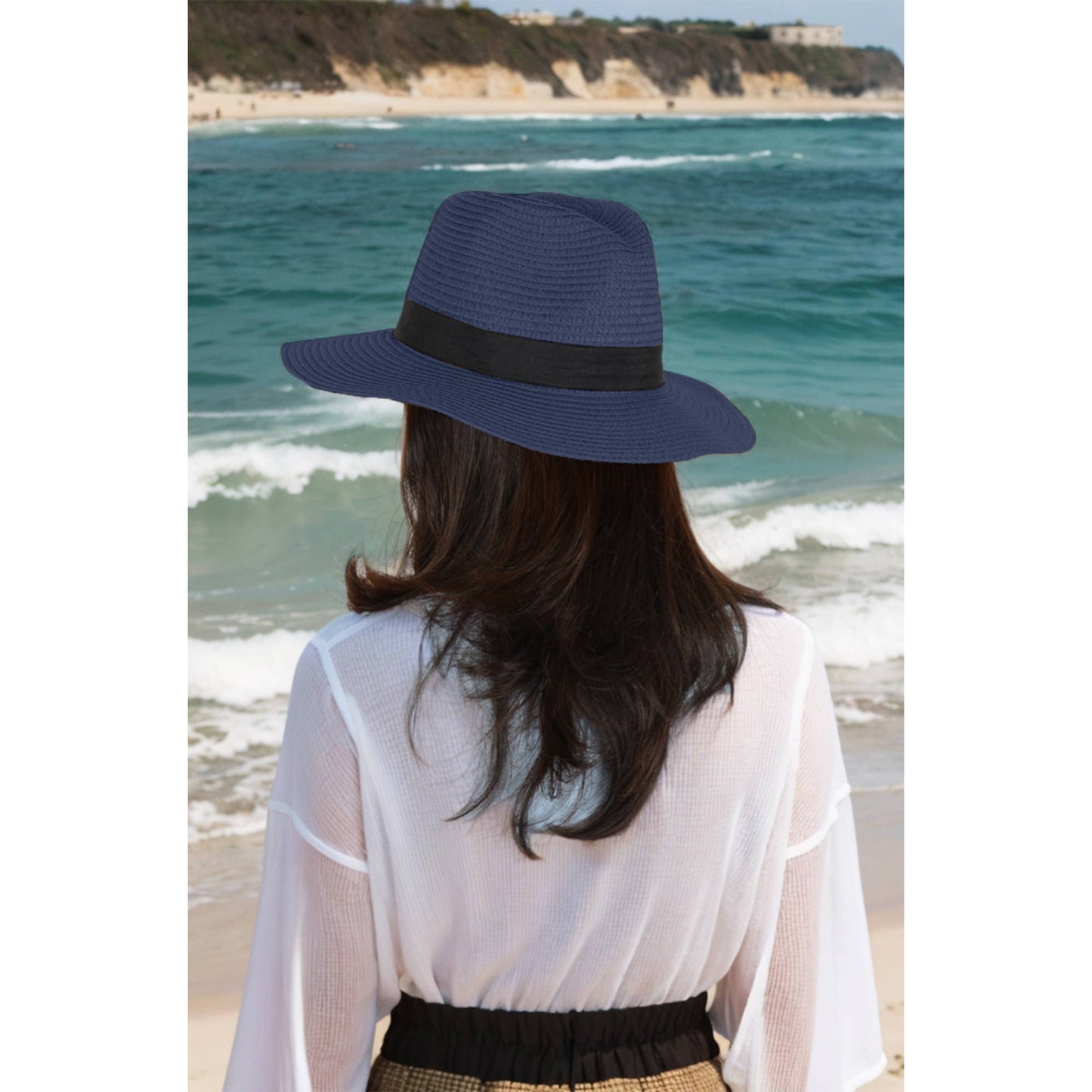 Wide Brim Straw Fedora Sun Hat Black Band Panama UV Hat