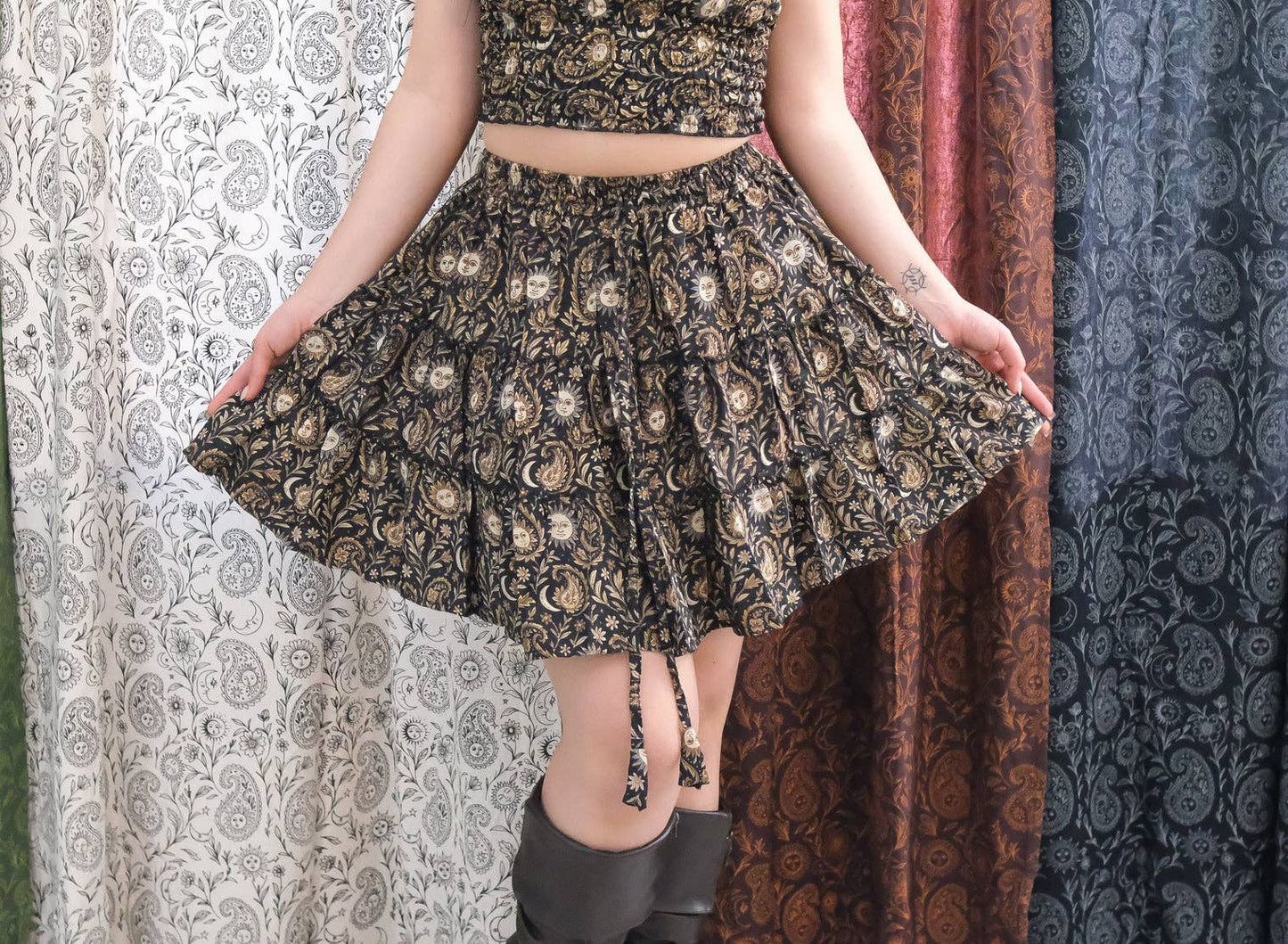 Boho Celestial Paisley Mini Skirt with Pockets