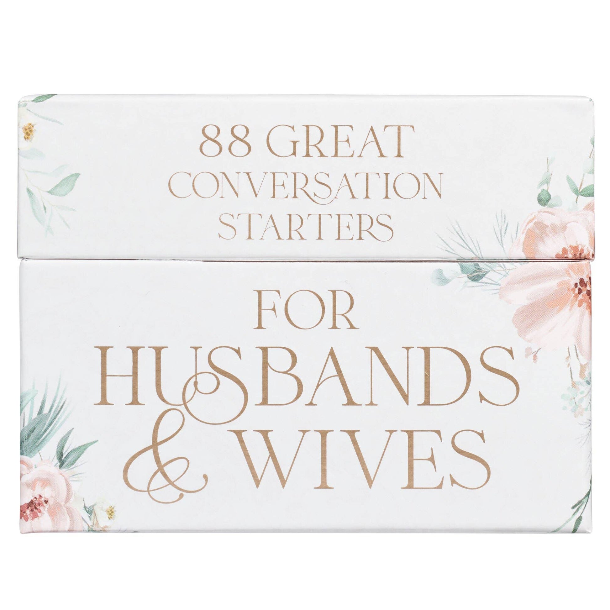 Book titled '88 Great Conversation Starters for Husbands & Wives' with floral design on a white background