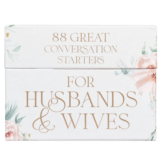Book titled '88 Great Conversation Starters for Husbands & Wives' with floral design on a white background