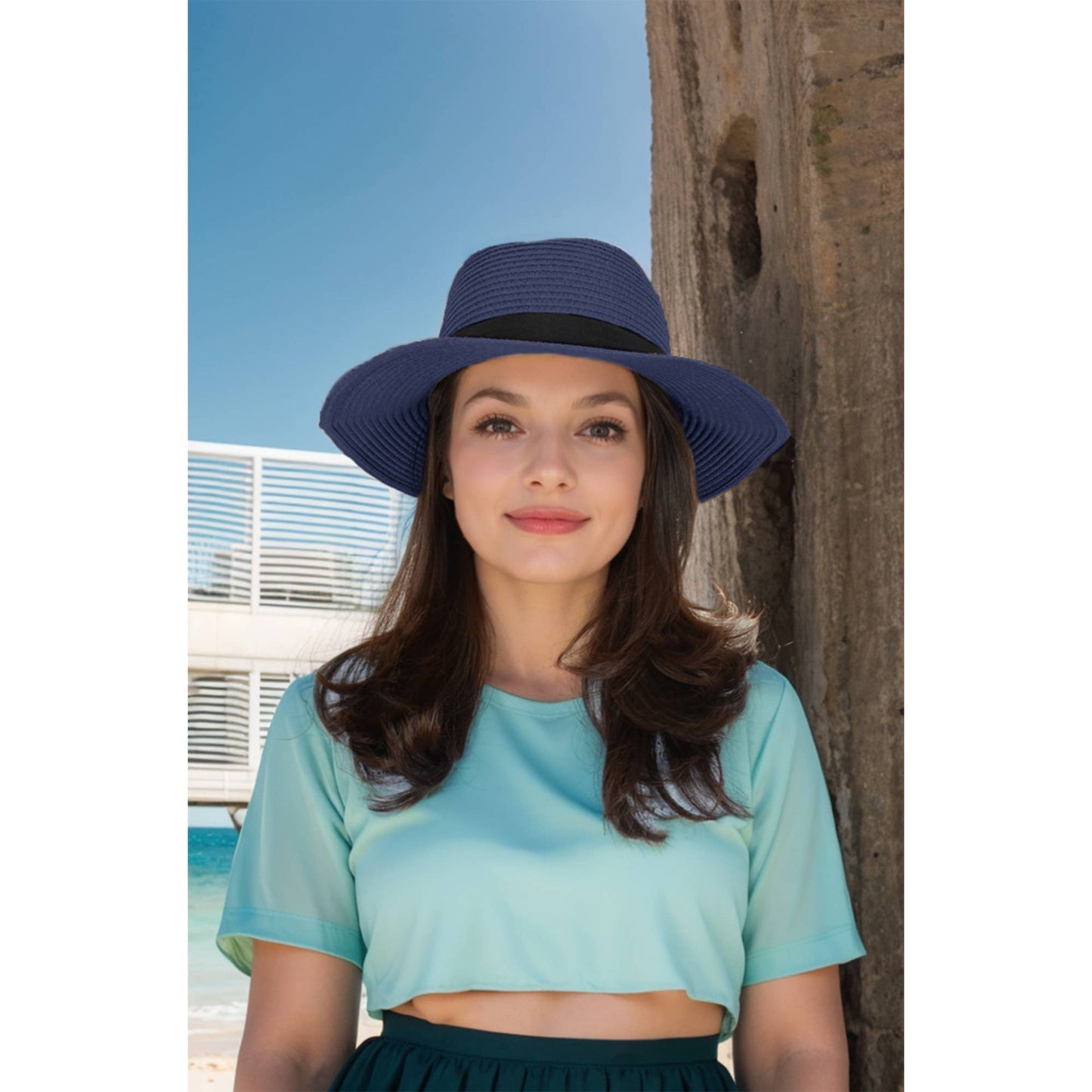 Wide Brim Straw Fedora Sun Hat Black Band Panama UV Hat