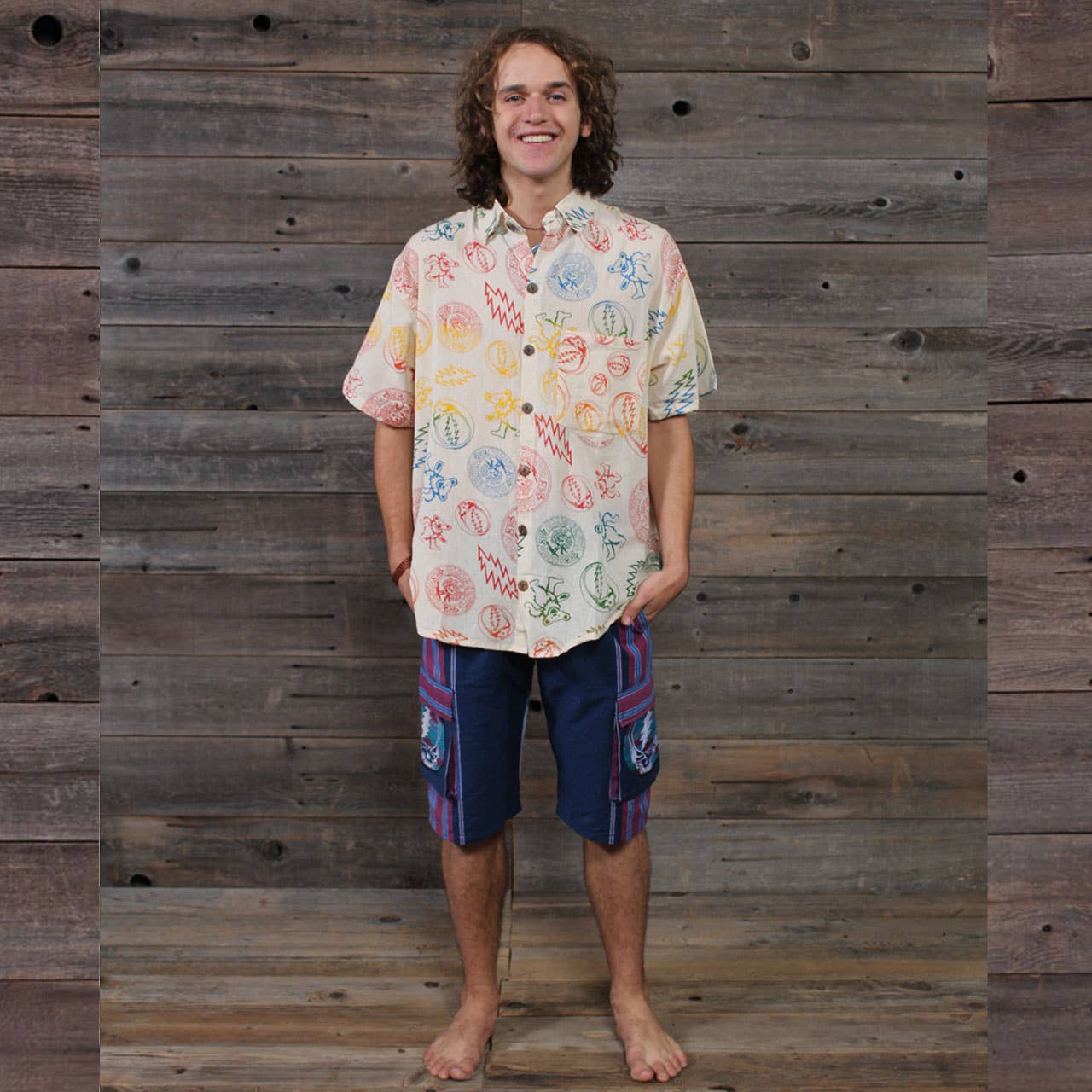 Grateful Dead Short Sleeve Button Up Shirt Multi GD Print