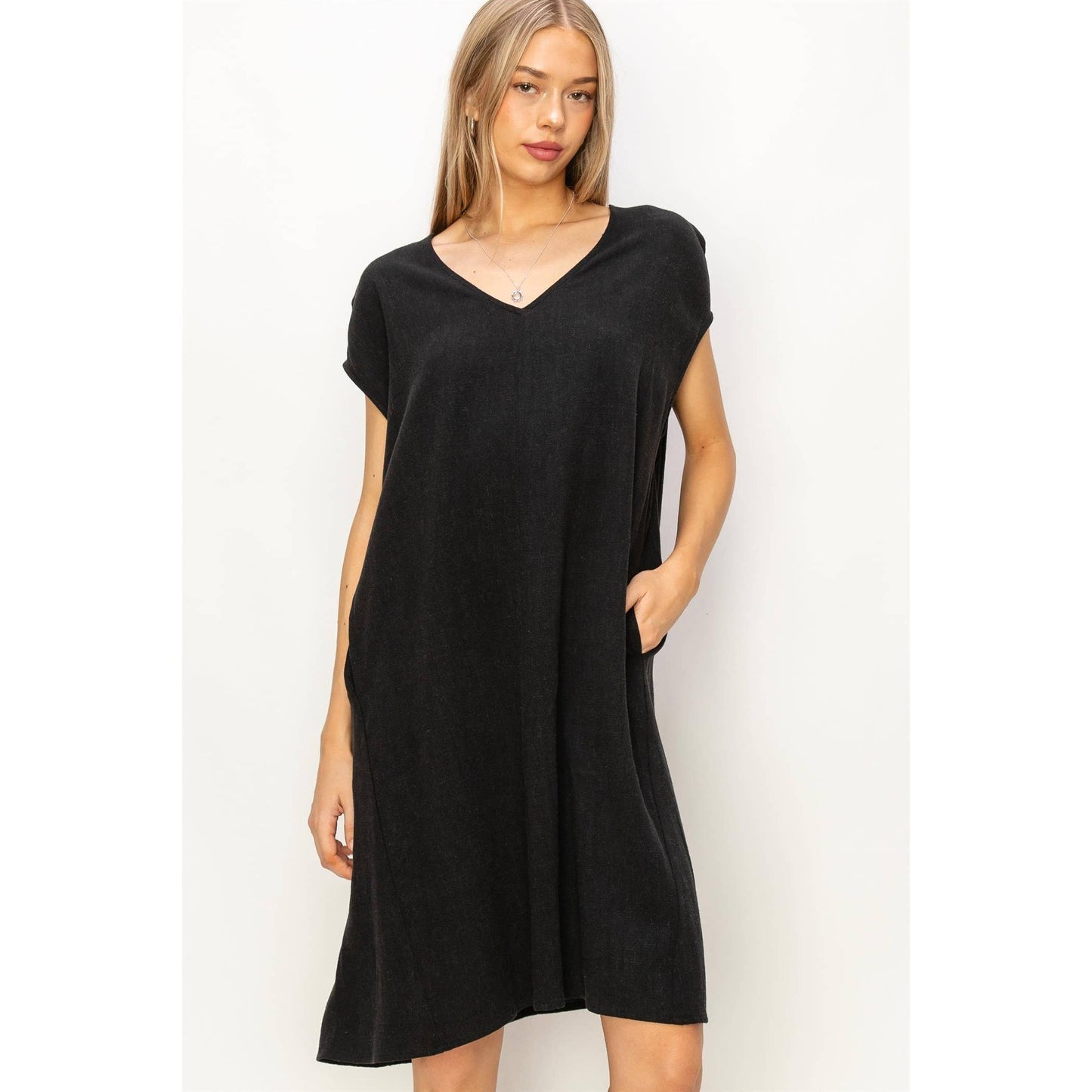 V-Neck Oversized Linen Midi Dress