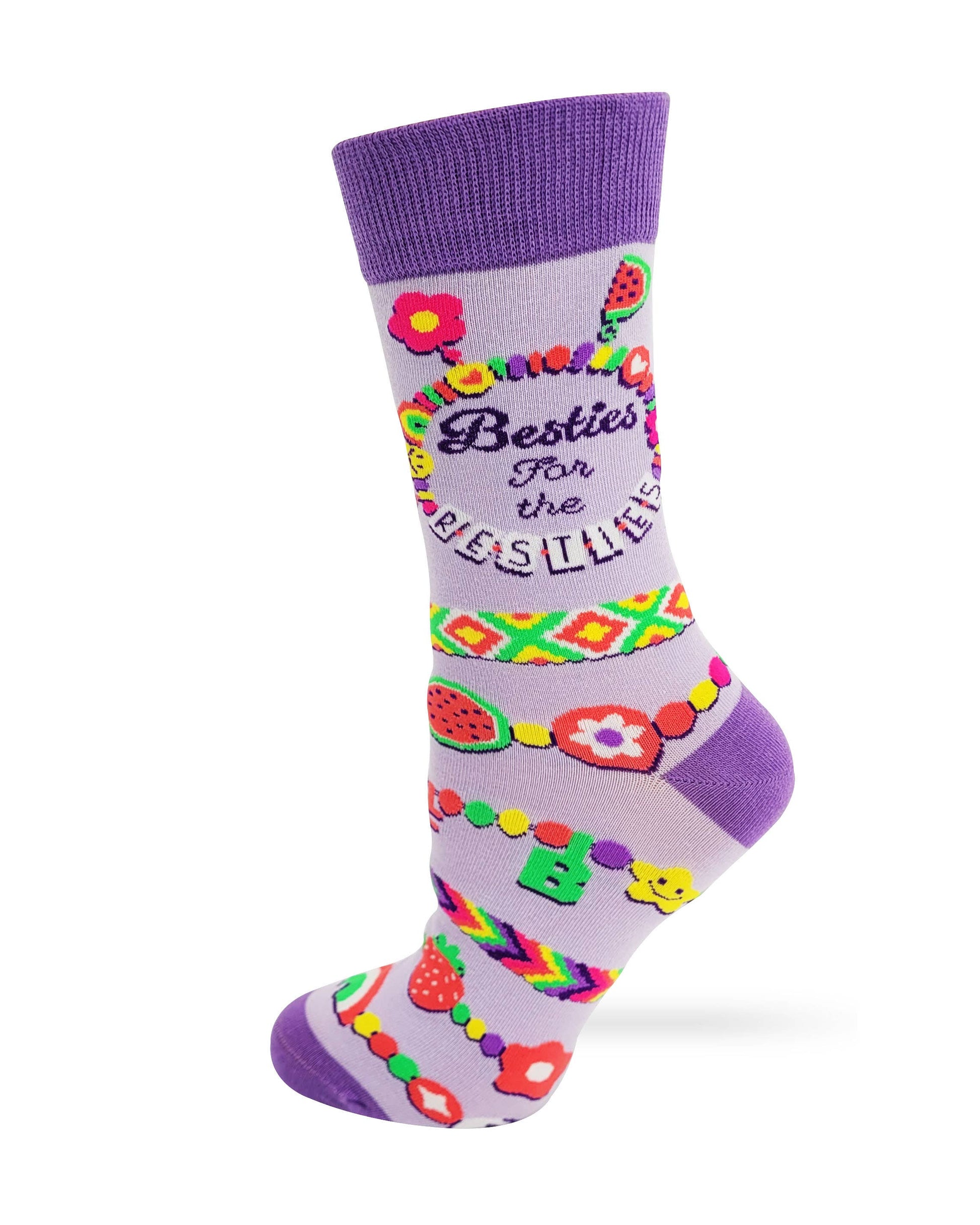 Colorful sock with floral and fruit patterns on a white background