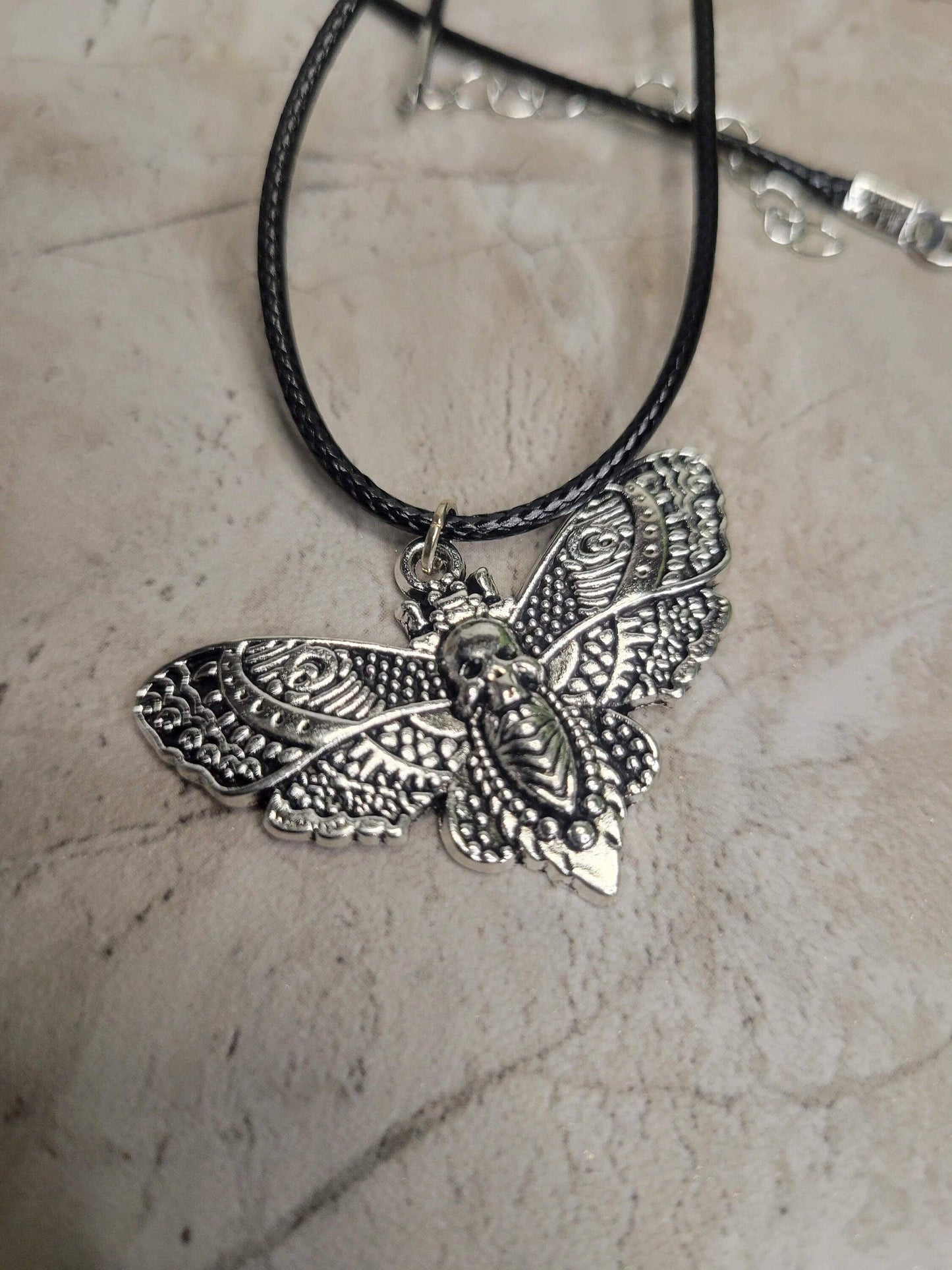 Skull Moth Pendant Necklace, Gothic Jewelry, Antique Silver,