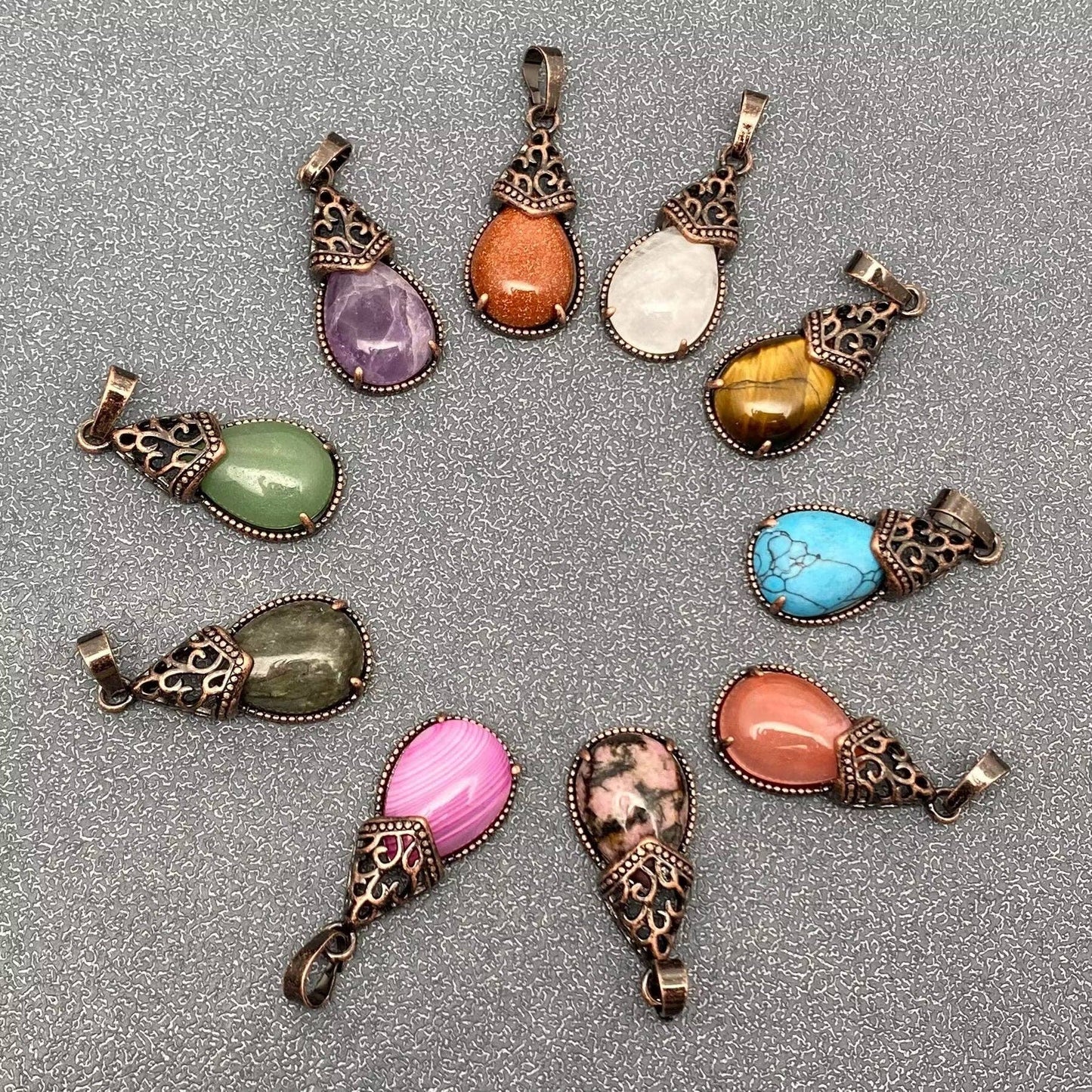 Drop-shaped Natural Stone Bronze Charms (Single Pendant) -CS