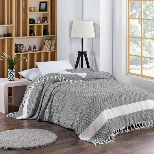 Aegean Concept Vintage Boho Rustic Blanket – 100% Cotton, Super Soft, 63"x90" (160 cm x 230 cm) Twin Size – Cozy Couch Bedcover – Black – Light & Comfortable