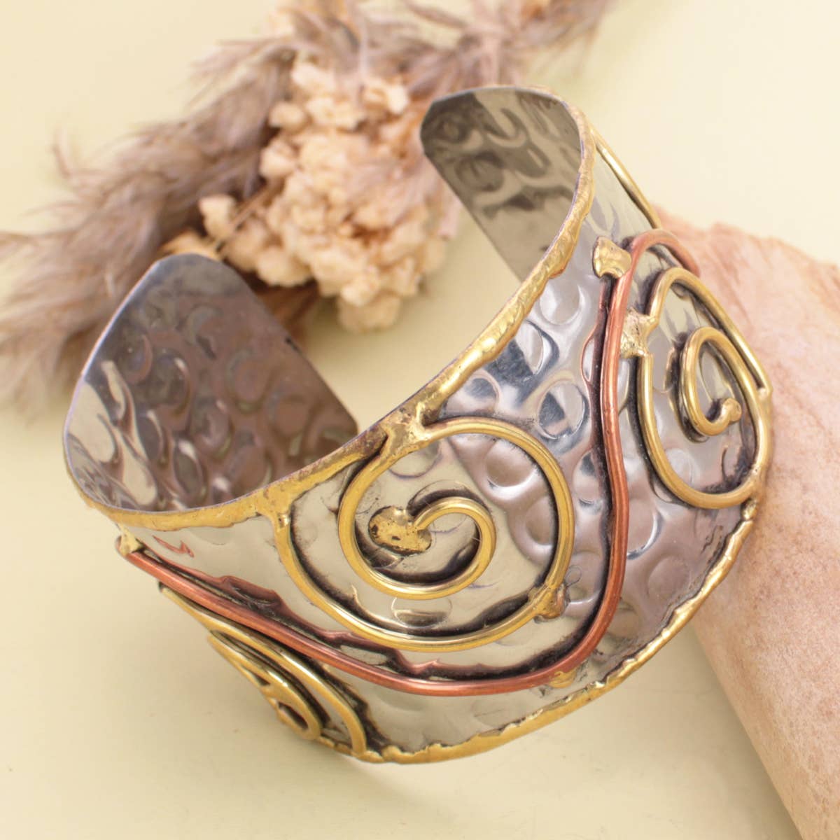 Wire Spirals Silver Hammered Cuff Bracelet