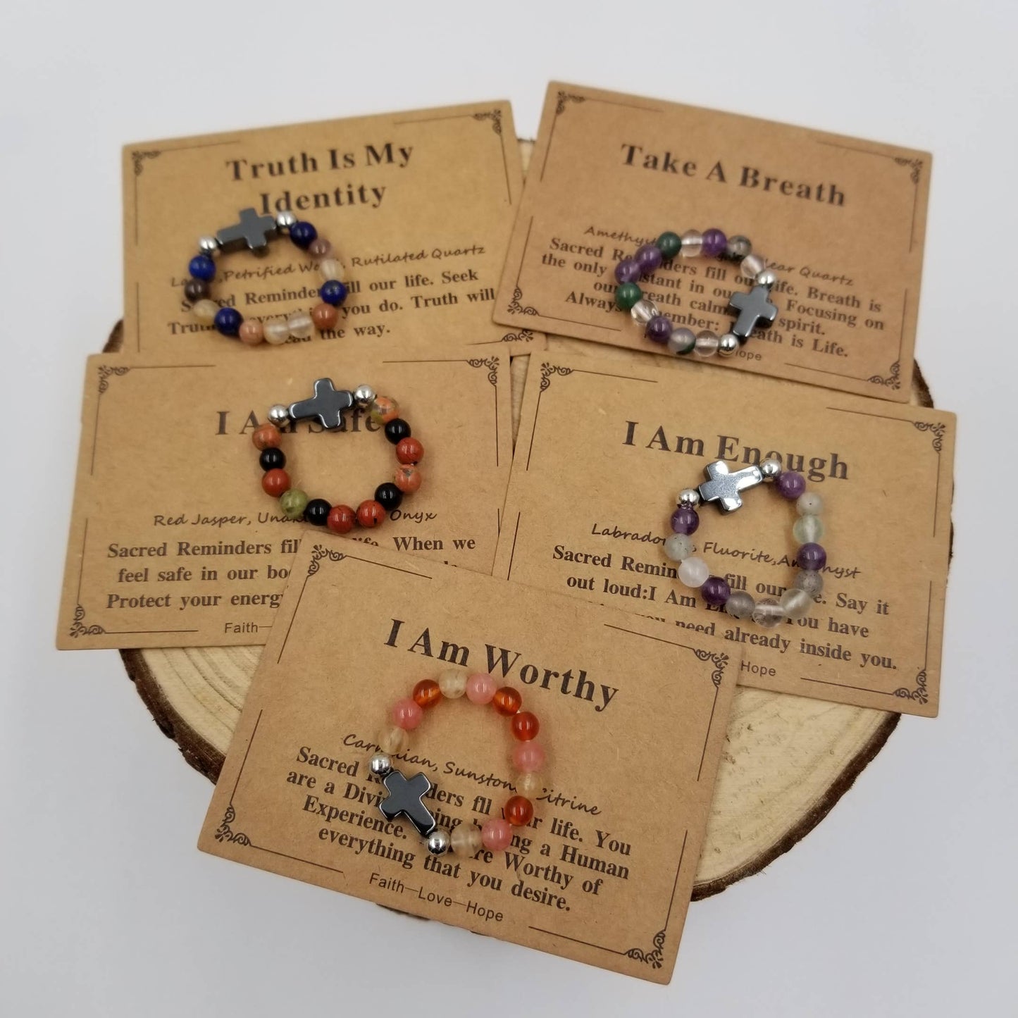 Cross Natural Stone Copper Bead Ring With Card