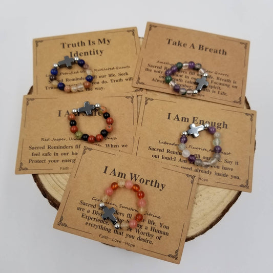 Cross Natural Stone Copper Bead Ring With Card