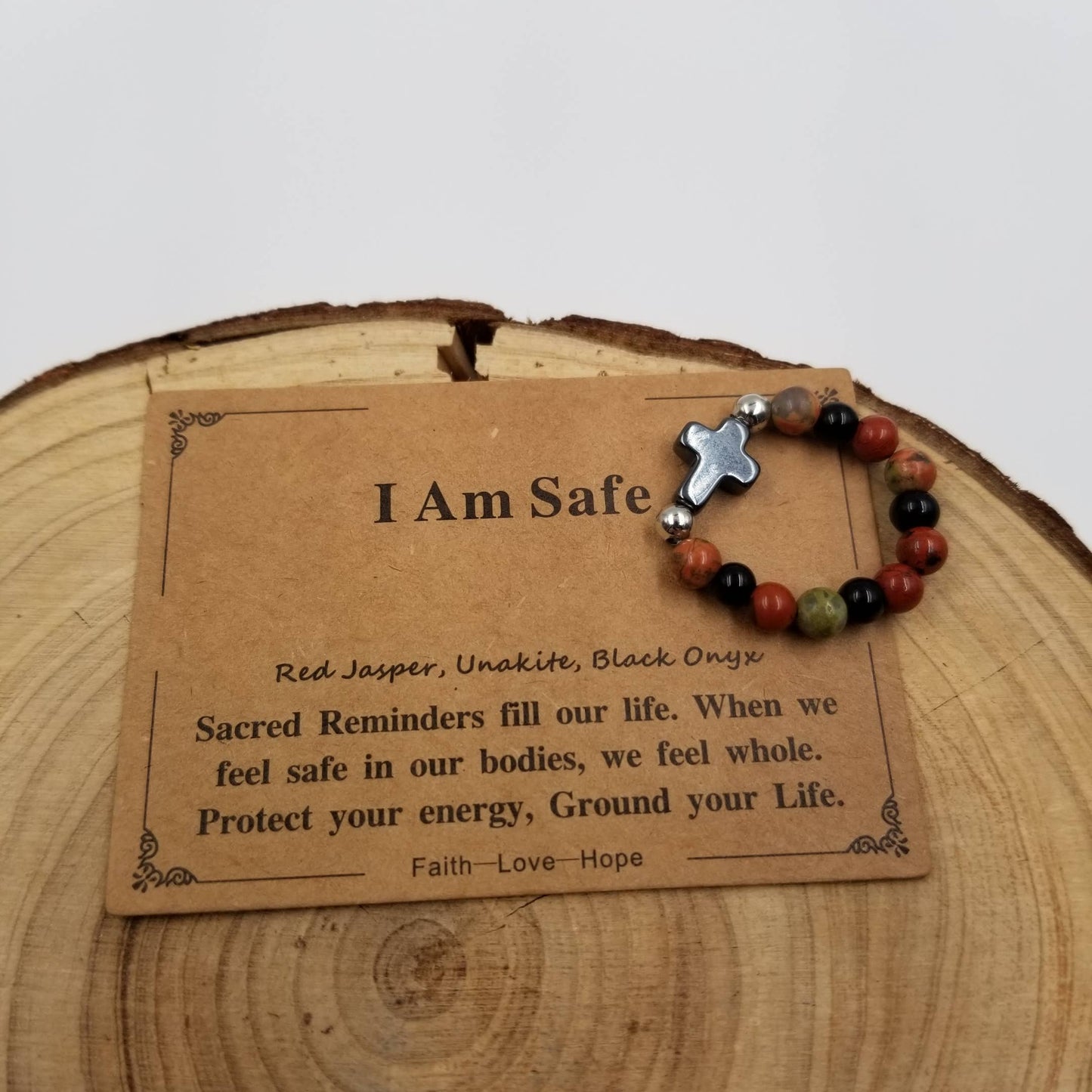 Cross Natural Stone Copper Bead Ring With Card