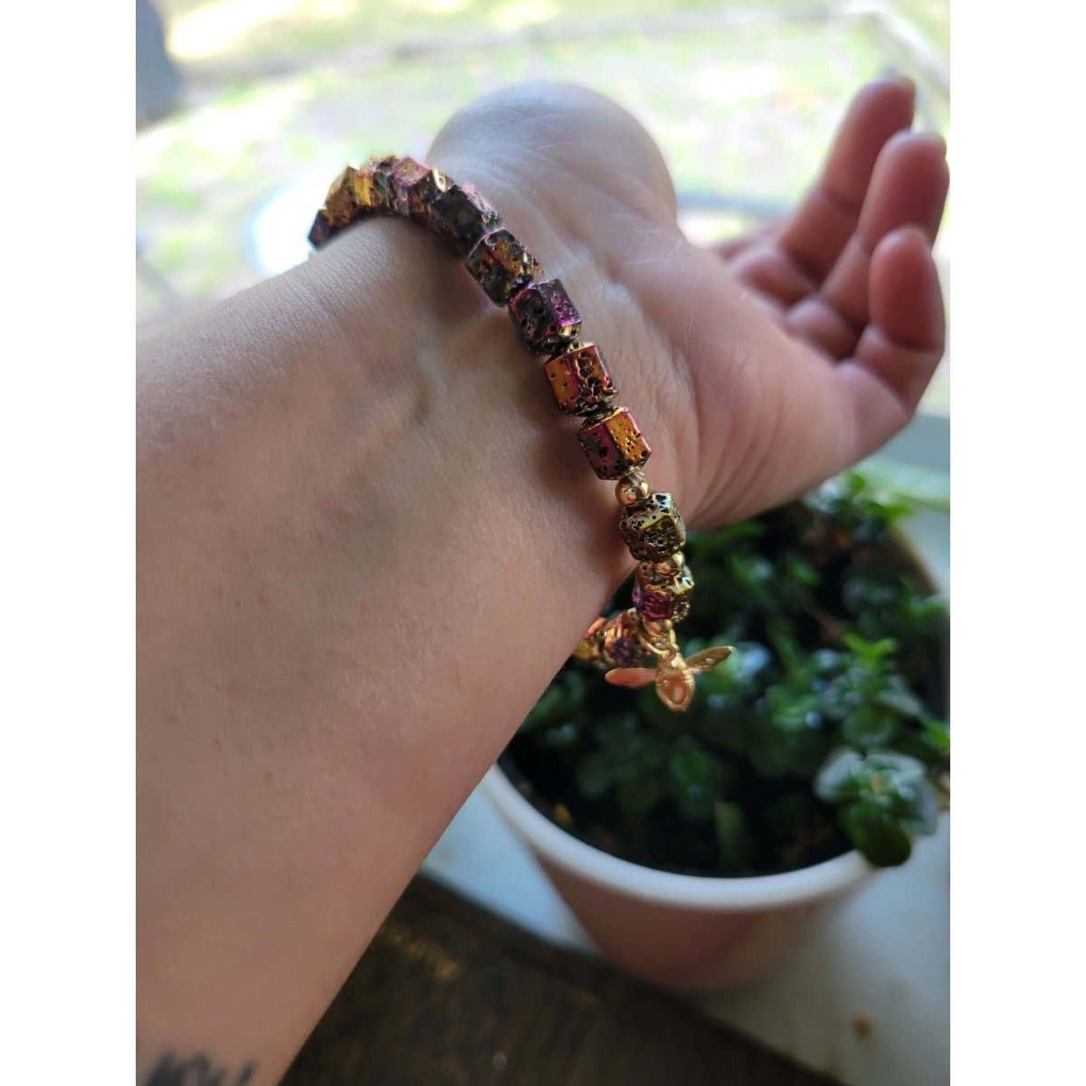 Natural Lava Rock Hexagon Beads Stretch Bracelets, Bee Shape