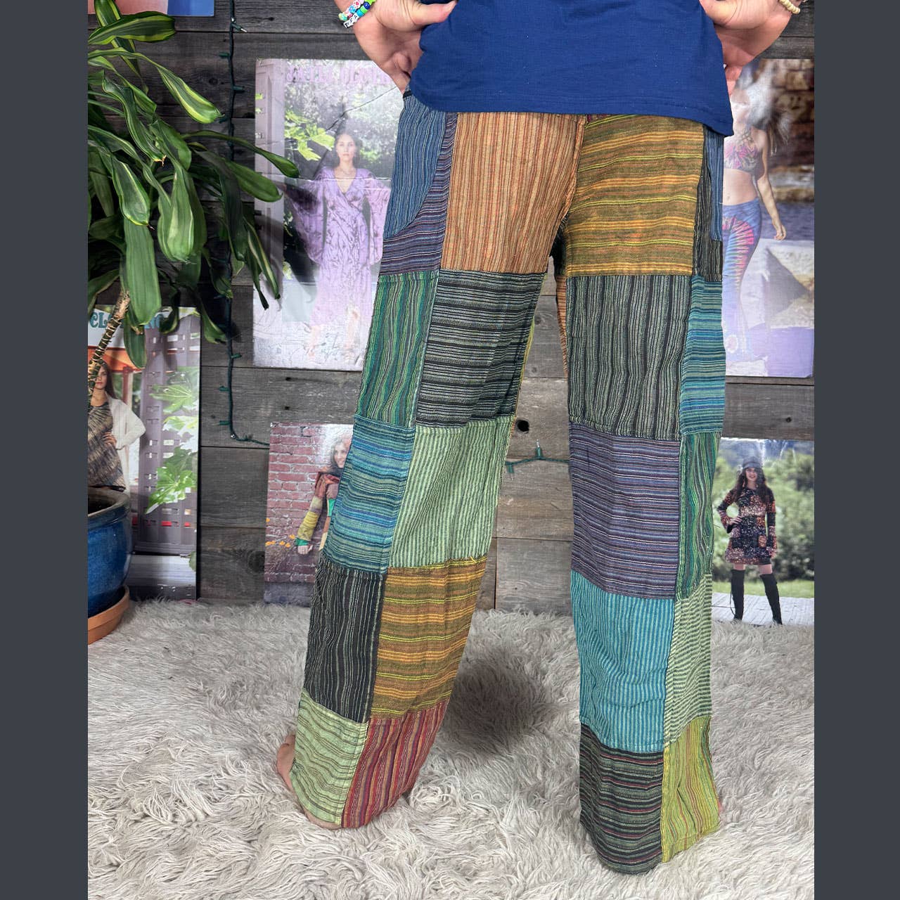Striped Patchwork Zipper Pocket Pants Elastic Waist Hippie
