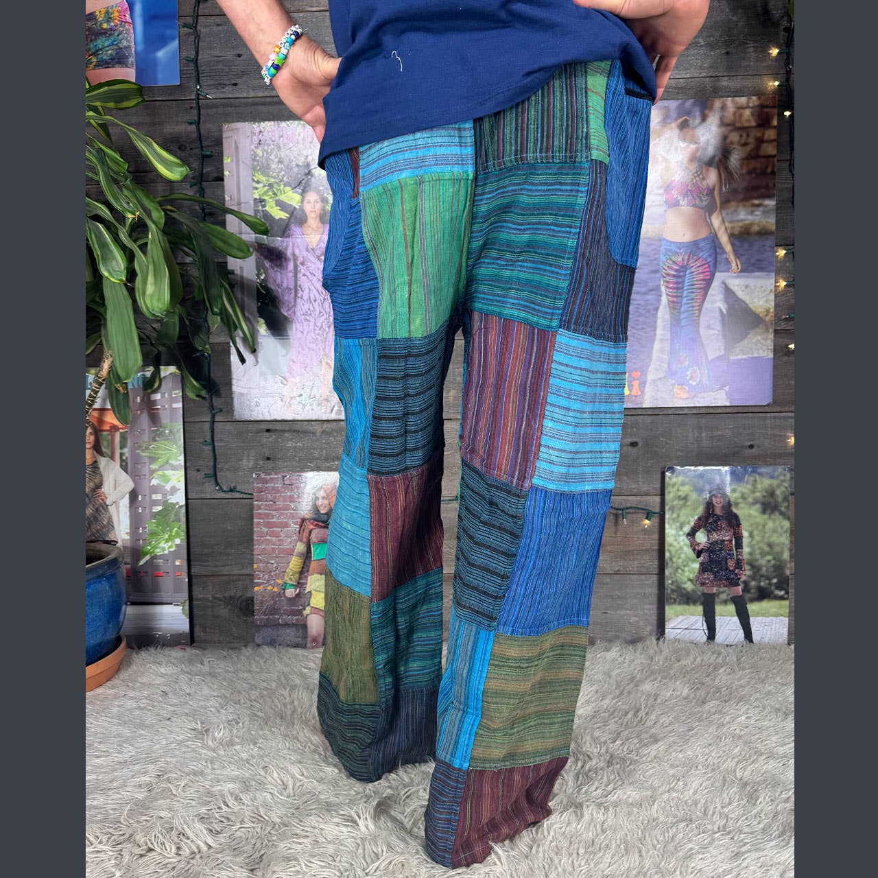 Striped Patchwork Zipper Pocket Pants Elastic Waist Hippie