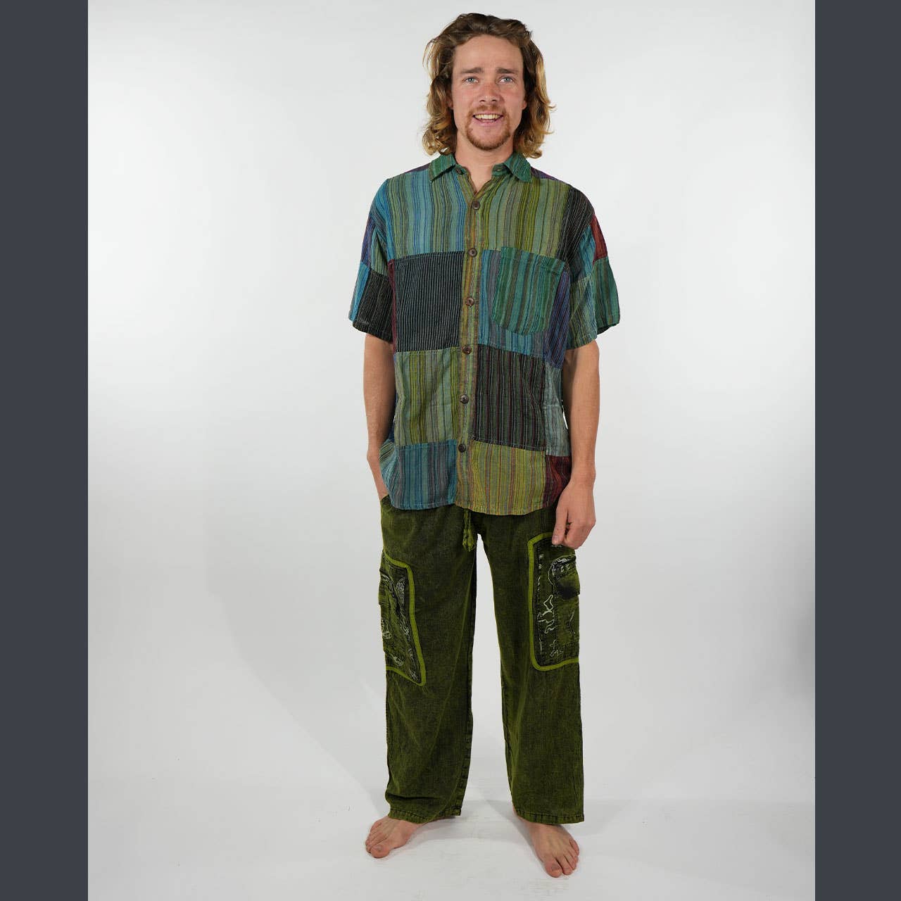 Nepali Striped Patchwork Over Dyed Cotton Button-Up Shirt