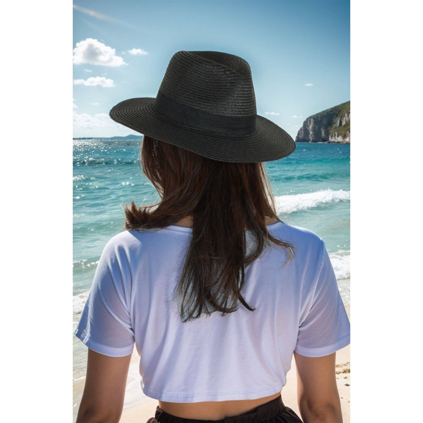 Wide Brim Straw Fedora Sun Hat Black Band Panama UV Hat