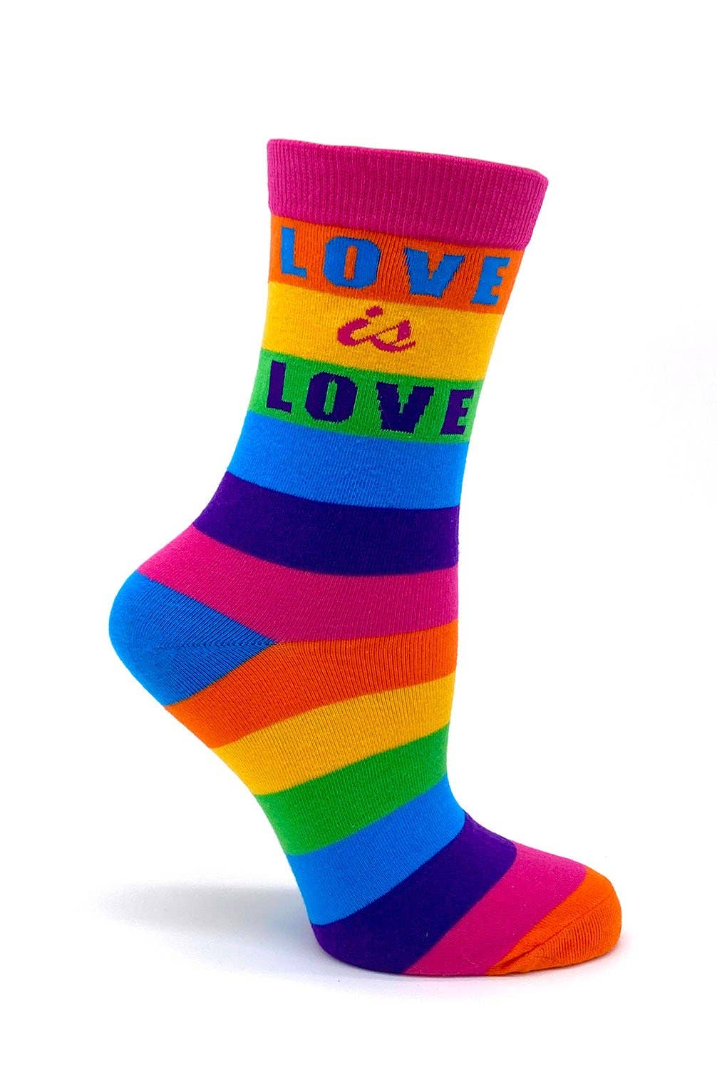 Colorful striped sock with 'LOVE is LOVE' text on a white background
