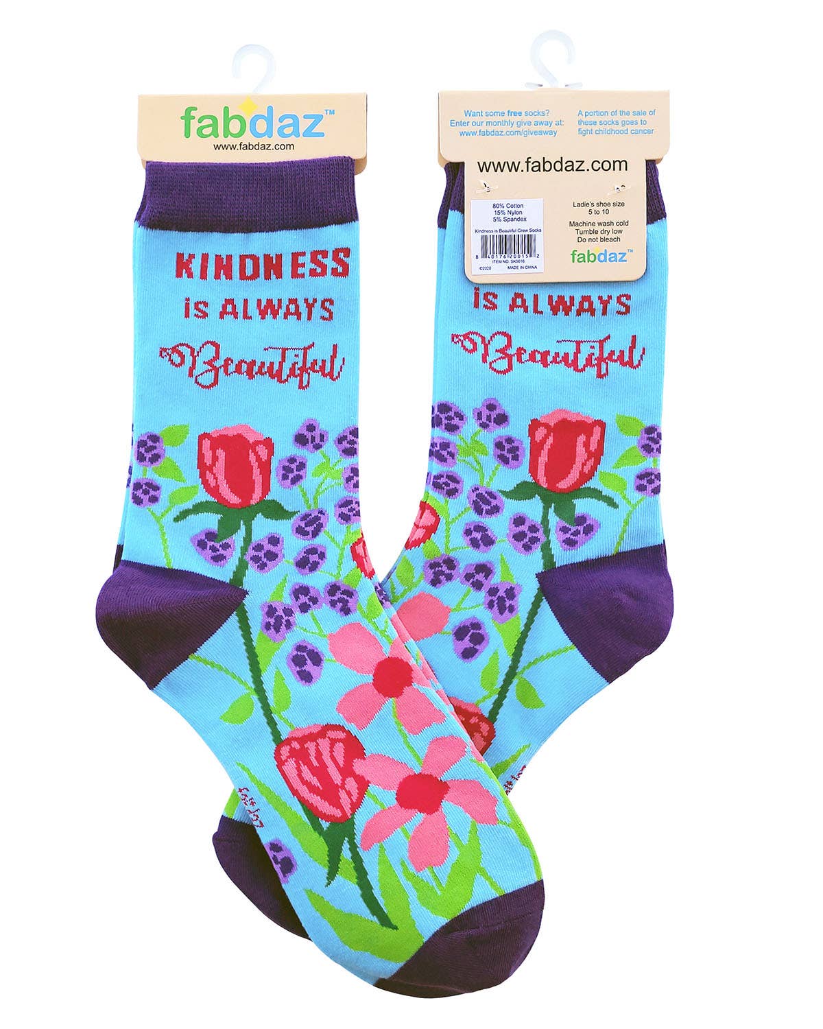 Colorful socks with floral design and 'Kindness is Always Beautiful' text, branded as fabdaz.