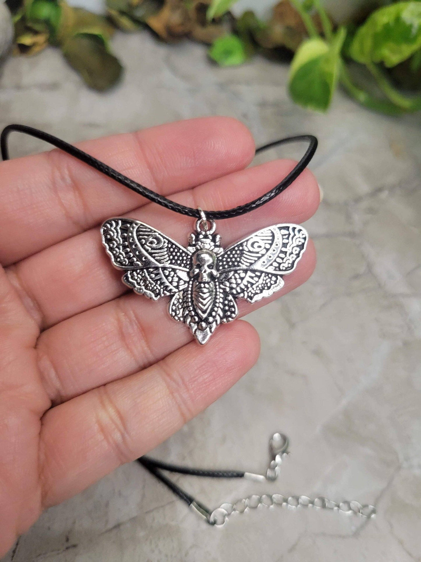 Skull Moth Pendant Necklace, Gothic Jewelry, Antique Silver,