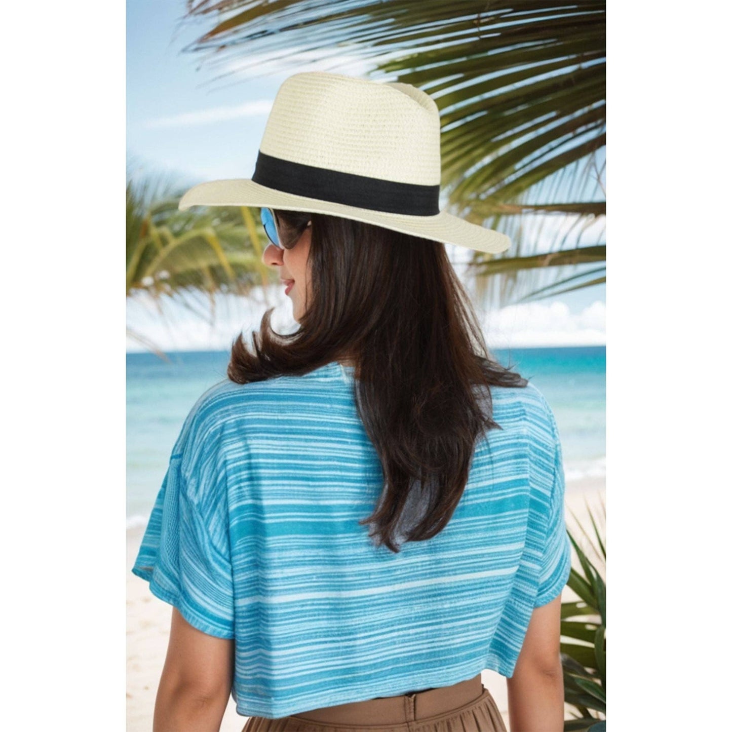 Wide Brim Straw Fedora Sun Hat Black Band Panama UV Hat