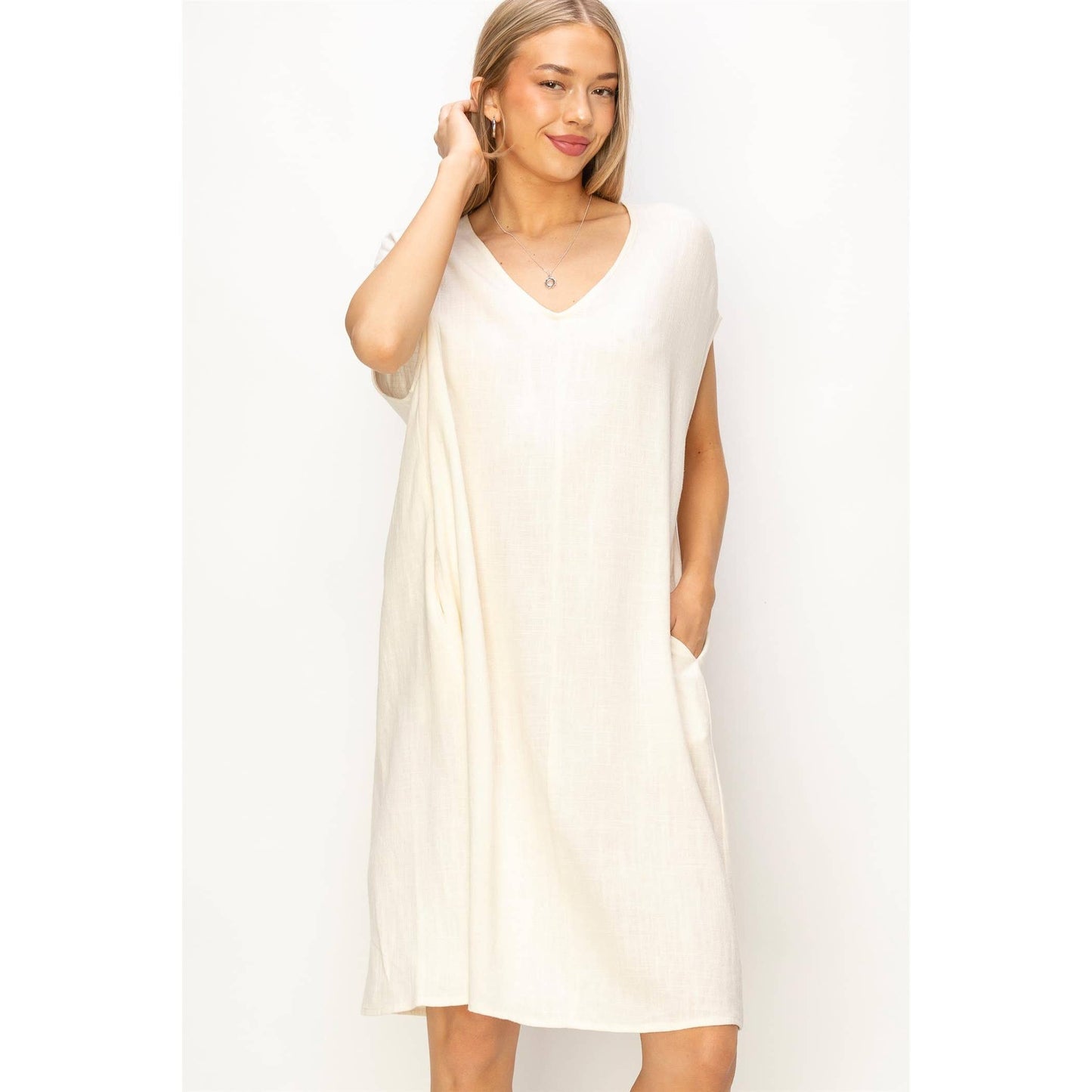V-Neck Oversized Linen Midi Dress